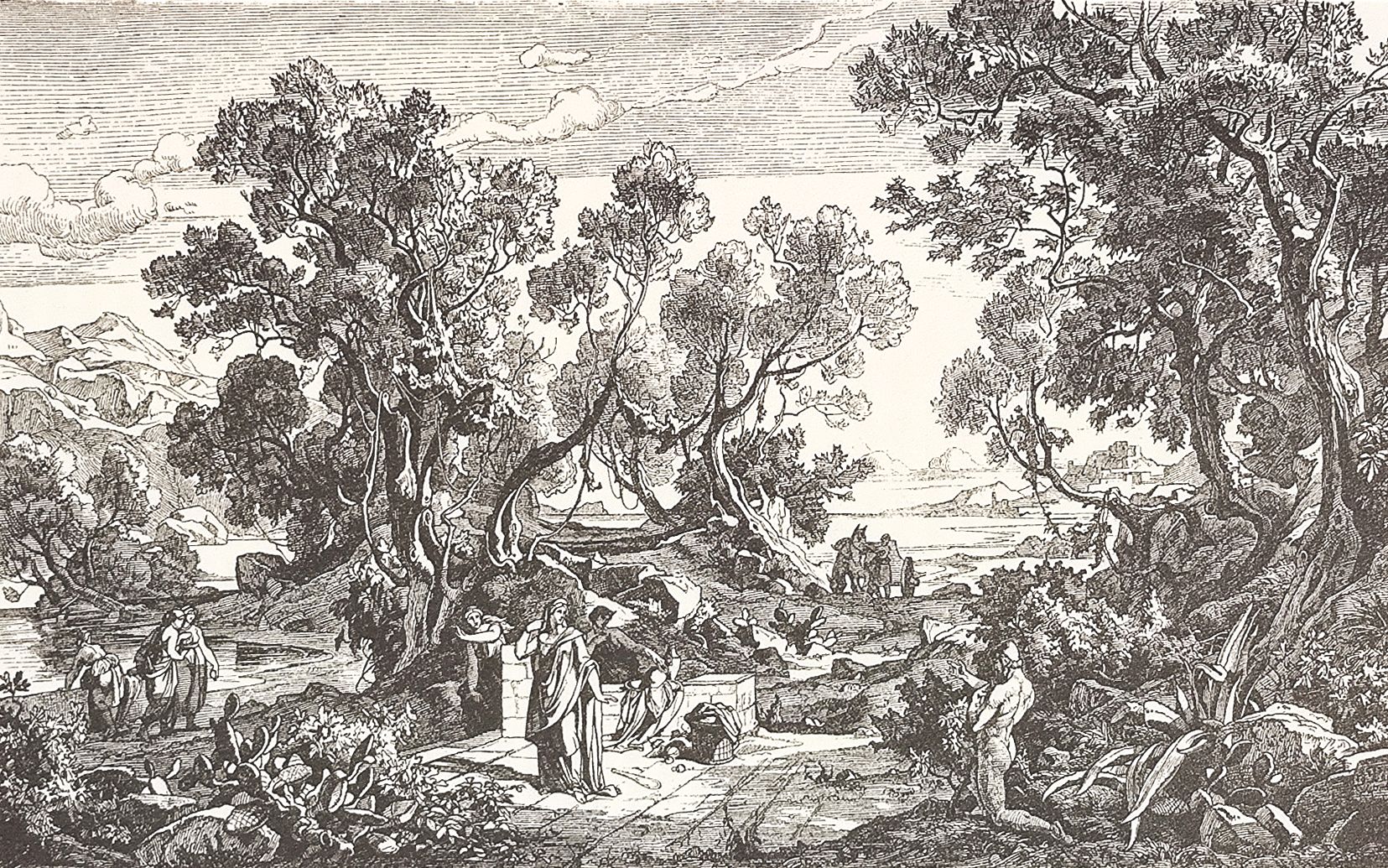 Odysseus tritt mit einem belaubten Zweig vor seiner Blöße dem Mädchen Nausikaa entgegen und bittet um Hilfe. Bild aus der Prachtausgabe der Ilias von 1882: Kohlezeichnung von Friedrich Preller d.J. (gemeinfrei)