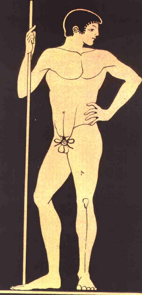 Kynodesme, ein Faden zum Vorhaut-Verschluss wurde - falls nötig - von Athleten im antiken Griechenland getragen. Public domain