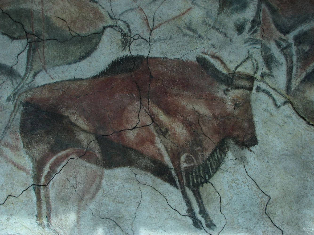 Die Zeichnung des Bisons in der Altamira-Höhle (Nordspanien) ist ca. 15.000 v. C. erstellt worden. <!-- START: ConditionalContent -->Die Höhlenwände sind dort sehr dicht und teils überlappend mit neuen Motiven übermalt worden. Zweifellos dienten die Bilder kultischen Zwecken. Das Foto gibt eine Reproduktion der Original-Zeichnung wieder, da von der Felswand nur noch geringe Farbspuren analysiert werden konnten. <!-- END: ConditionalContent -->Public Domain.