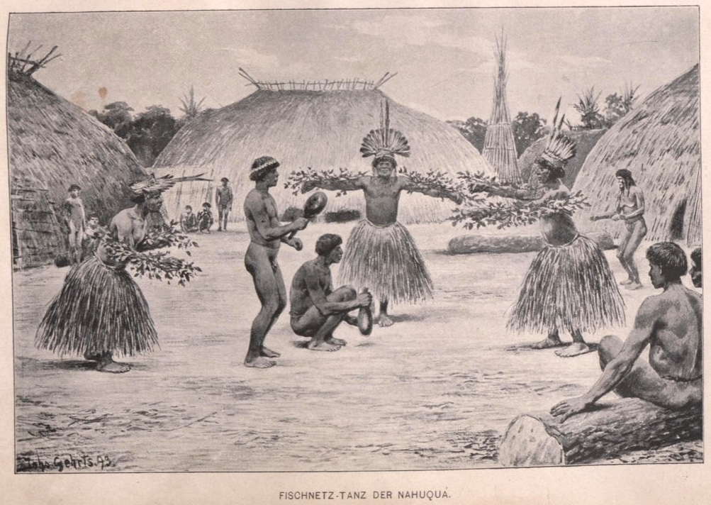 Kult und Zeremonien verbinden die Menschen und stabilisieren soziale Netzwerke: Fischnetz-Tanz einer Nahuquá Dorfgemeinschaft. Quelle: Karl von den Steinen, 1894