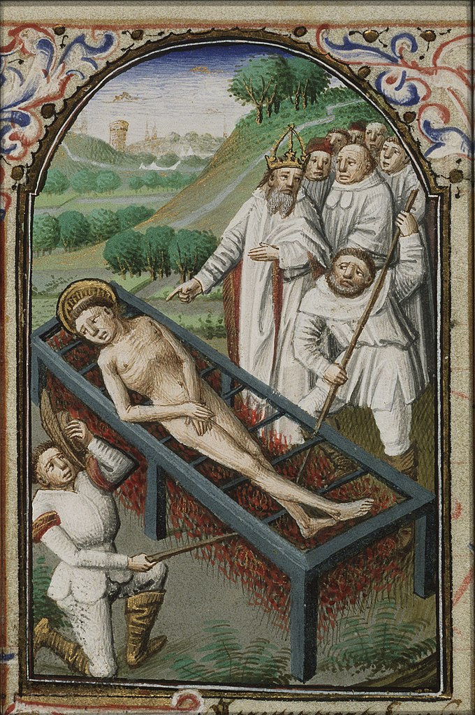 Martyrium des hl. Laurentius: Nackt über dem offenen Feuer, Public Domain.