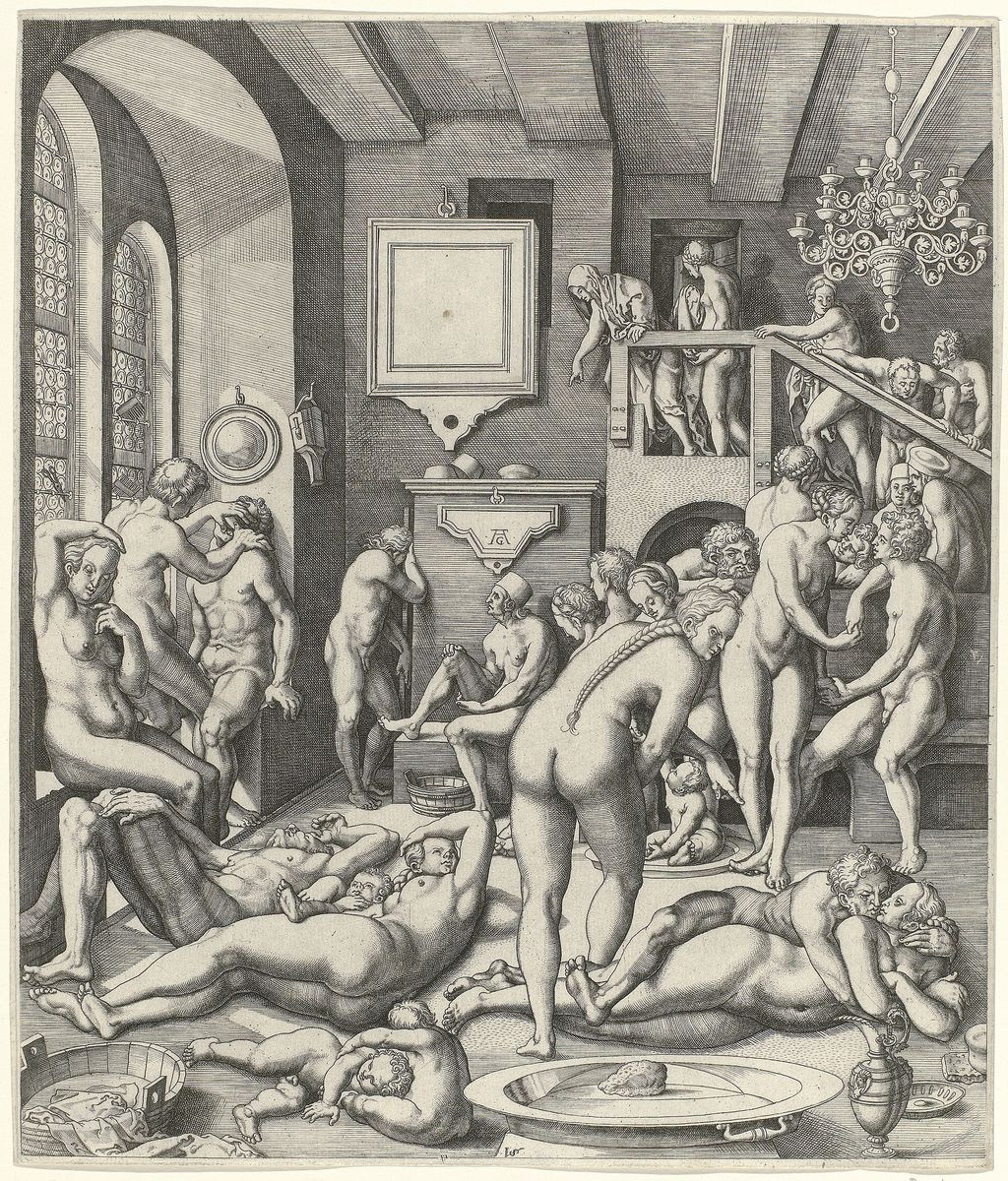 Der Kupferstich des Inneren eines Badehauses mit Männern und Frauen stammt von dem Künstler Allaert Claesz<!-- START: ConditionalContent -->, der das bekannte Albrecht-Dürer-Monogramm »AD« mit »AC« kopiert. Entstehung zwischen 1534 und 1562<!-- END: ConditionalContent -->. Rijksmuseum Amsterdam. Public domain