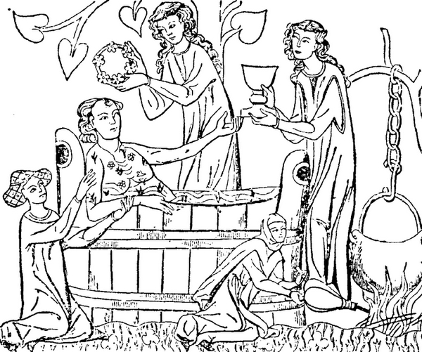 Bad im Holzzuber - Man wird bekränzt, Kräuter und Blumen aromatisieren das Badewasser, ein Kelch mit Getränk wird gereicht, bei Bedarf warmes Wasser nachgegossen - Verwöhnung als Willkommensgruß. Public Domain