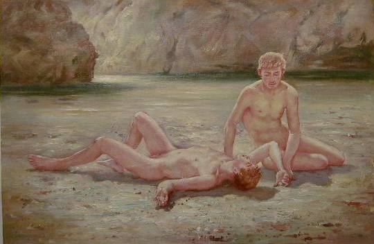 Tuke, Henry Scott (1858–1929), 1911: Bathing group (Noonday heat) [DE: Badende Gruppe (Mittagshitze)]