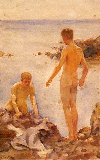 Henry Scott 1921: Boys bathing on rocks [DE: Badende Jungen auf Felsen]