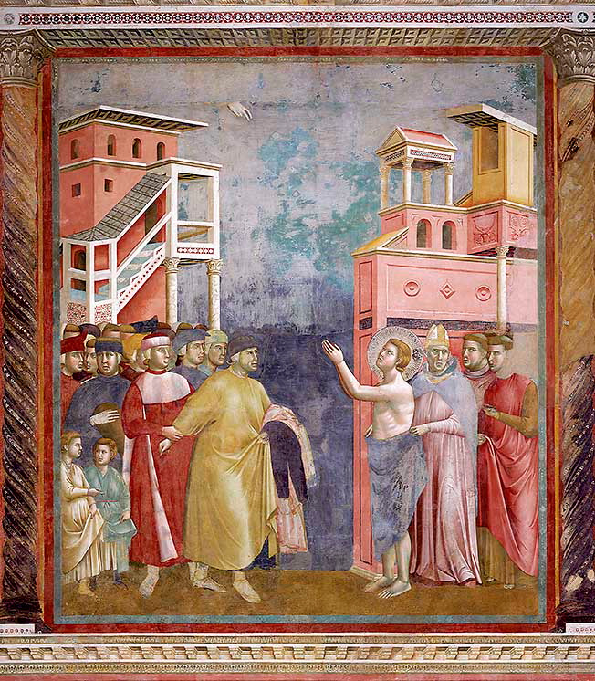 Franziskus auf dem Marktplatz von Assisi - gibt seinem Vater die Kleider zurück. Quelle: wikimedia commons