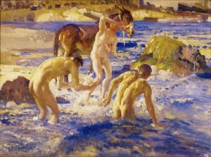 Anzacs baden im Meer, 1914, Public domain. George Washington Lambert, *1873 in Sankt Petersburg, †1930 in Cobbity (Australien), war ein australischer Künstler, bekannt für seine Porträts und als Kriegsmaler während des Ersten Weltkrieges. Das »Australian and New Zealand Army Corps« (ANZAC) war ein Armeekorps der Streitkräfte des Britischen Empire im Ersten Weltkrieg; es wurde aus Australiern und Neuseeländern gebildet.